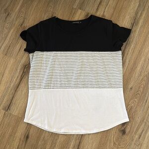 Zawapemia Black and Gray Striped Short Sleeve Top